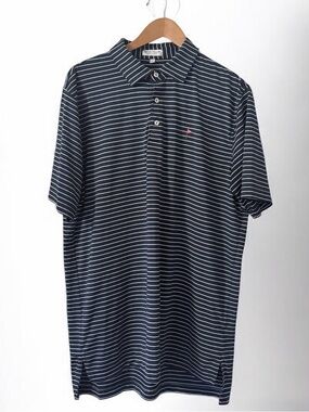 ‼️SOLD-Peter Millar Summer Comfort Navy and White Striped Polo with Flag Emblem